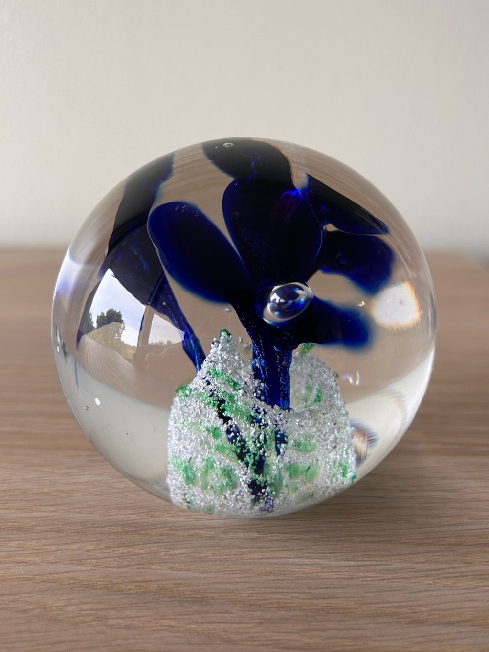 Artcristal Bohemia Czech Glass Handblown Paperweight with Cobalt Blue Bloom